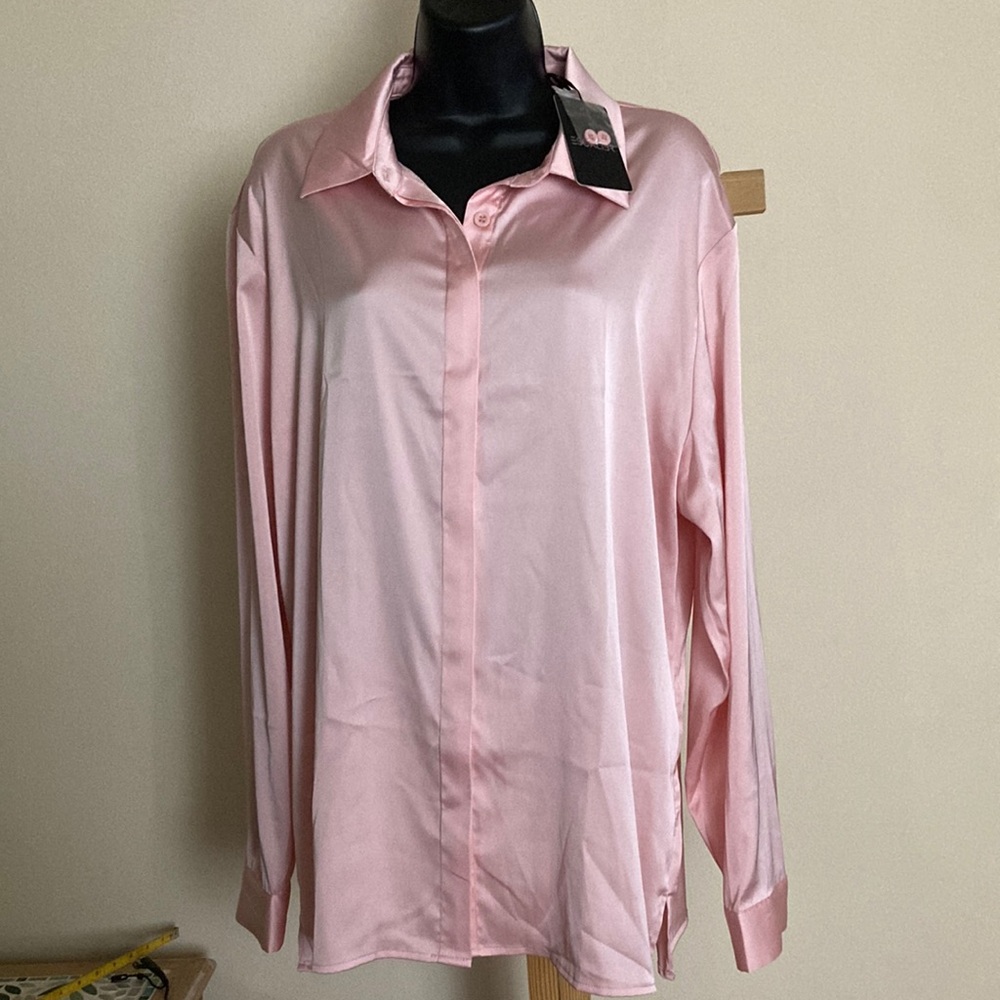 Trendy women casual work office silk shirt blouse top long sleeves.